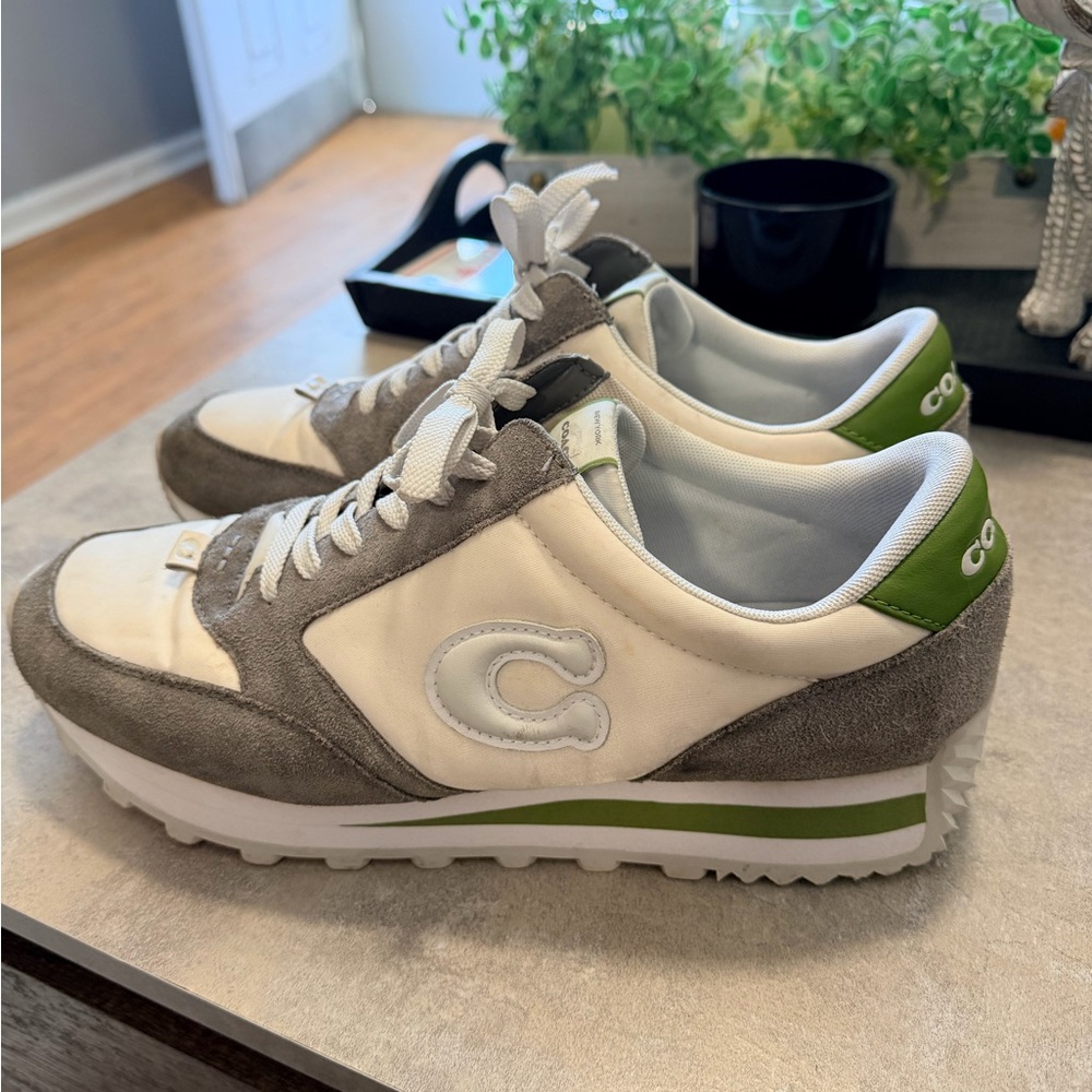 Coach White and Gray Sneakers with Green 11.5 Detail
